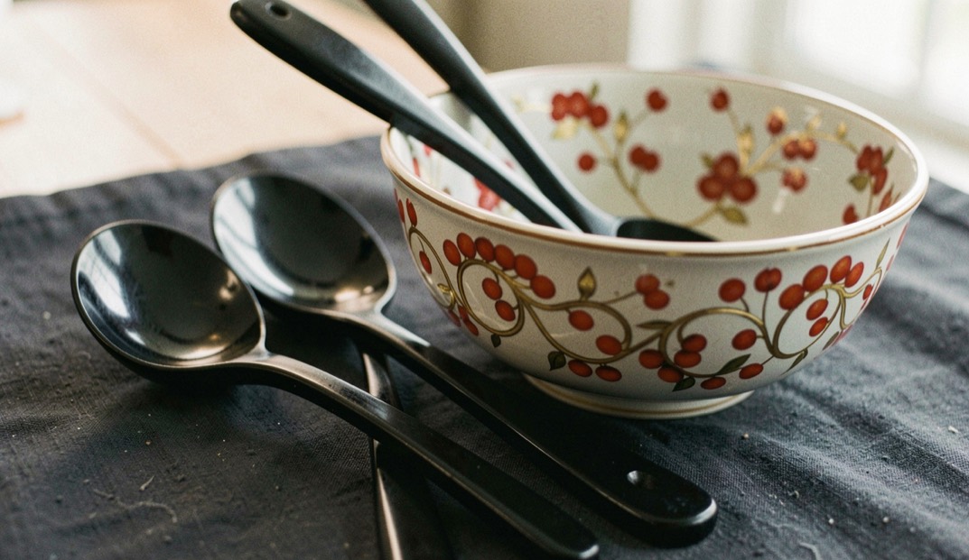 Set of black lacquered wooden spoons and a bowl painted with red and gold scrolling berry vines arranged on a dark cloth