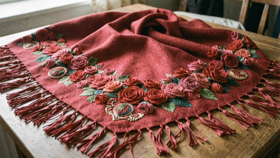 Crimson Pavlovo Posad wool shawl spread open showing dense rose bouquets, corner medallions and knotted silk fringe on a table