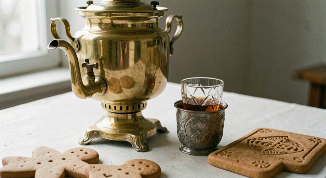 Polished brass samovar with a curved spout beside a faceted tea glass in an engraved metal holder and two stamped gingerbread boards
