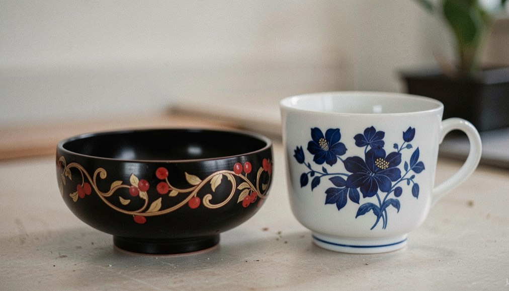 Black lacquered wooden bowl with red and gold berry scrollwork next to a white porcelain cup painted in cobalt blue flowers